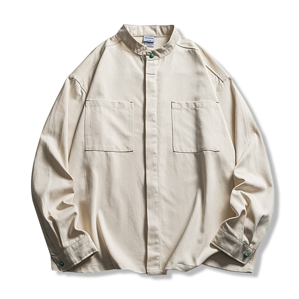 レトロスタンドカラー　ターコイズボタン付きワークシャツ