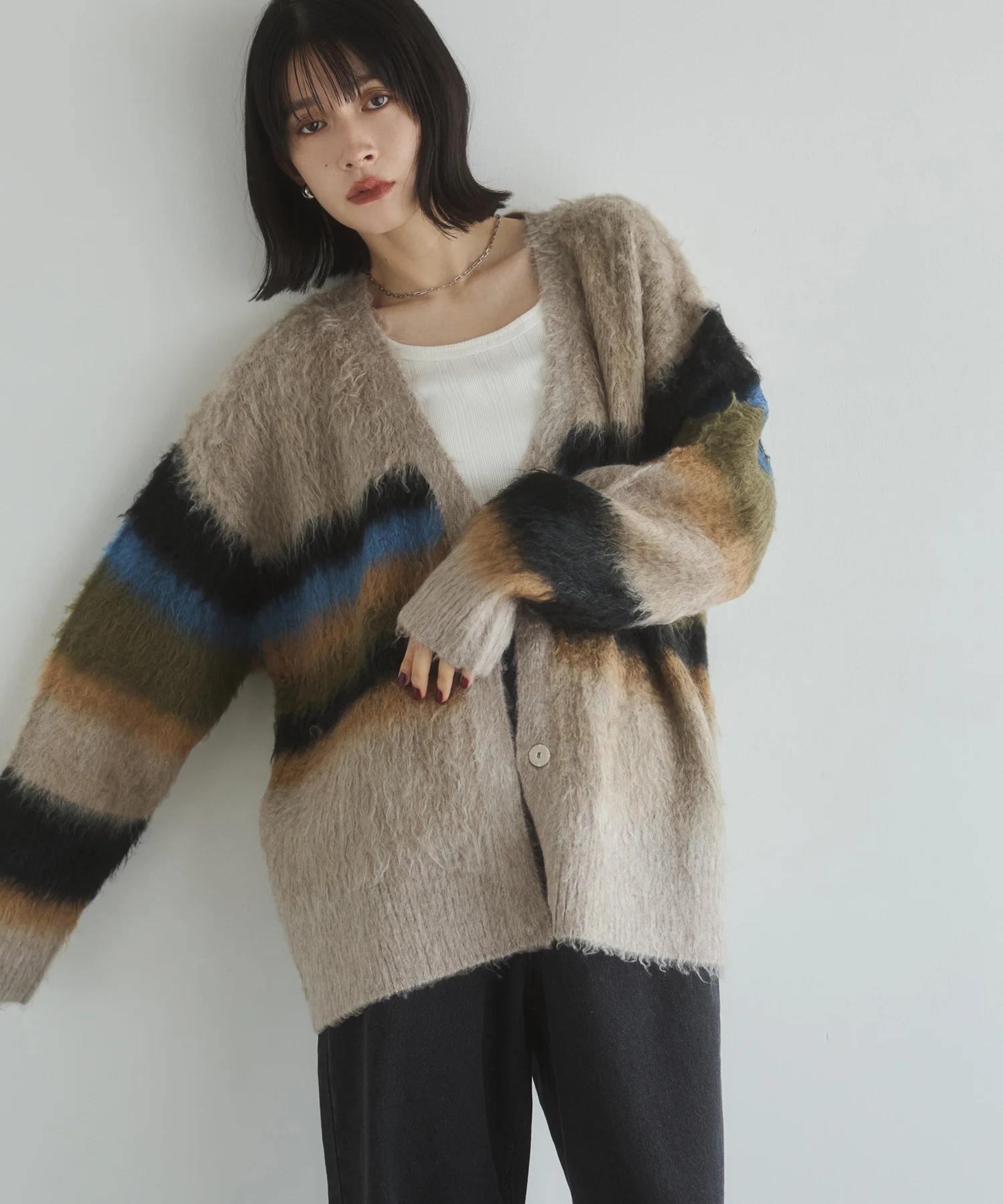 起毛シャギー ボーダーニットカーディガン