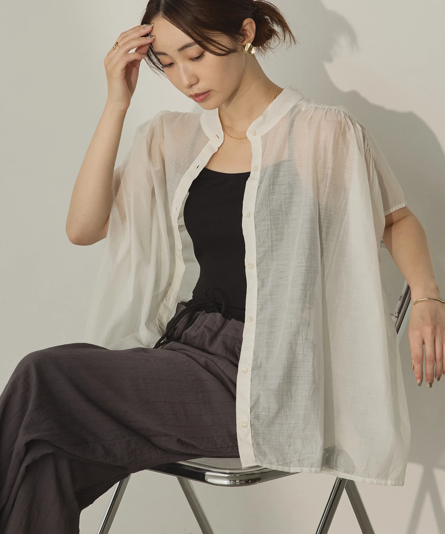 バンドカラー フレンチスリーブブラウス