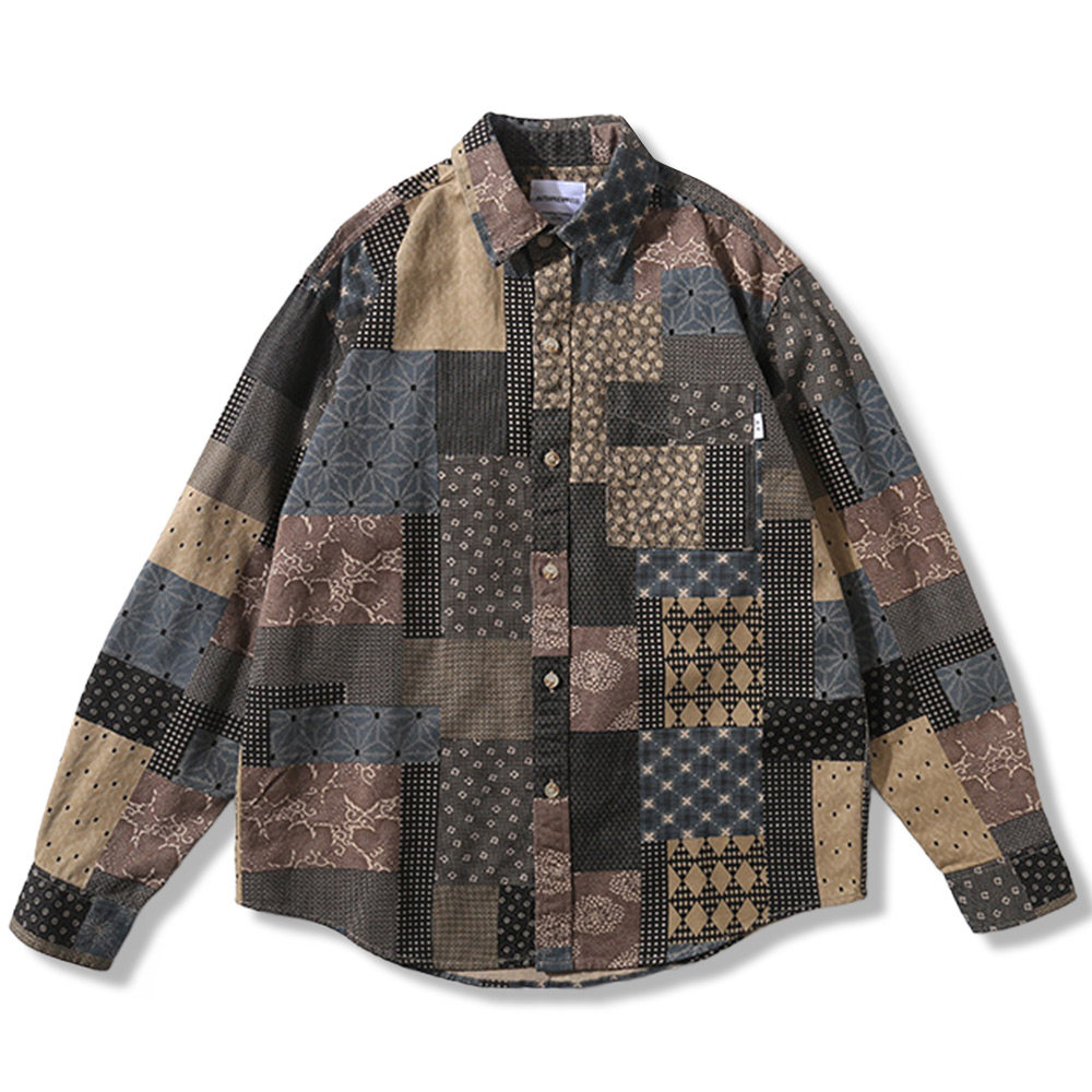 ヴィンテージ感　襤褸風パッチワークプリント長袖シャツ