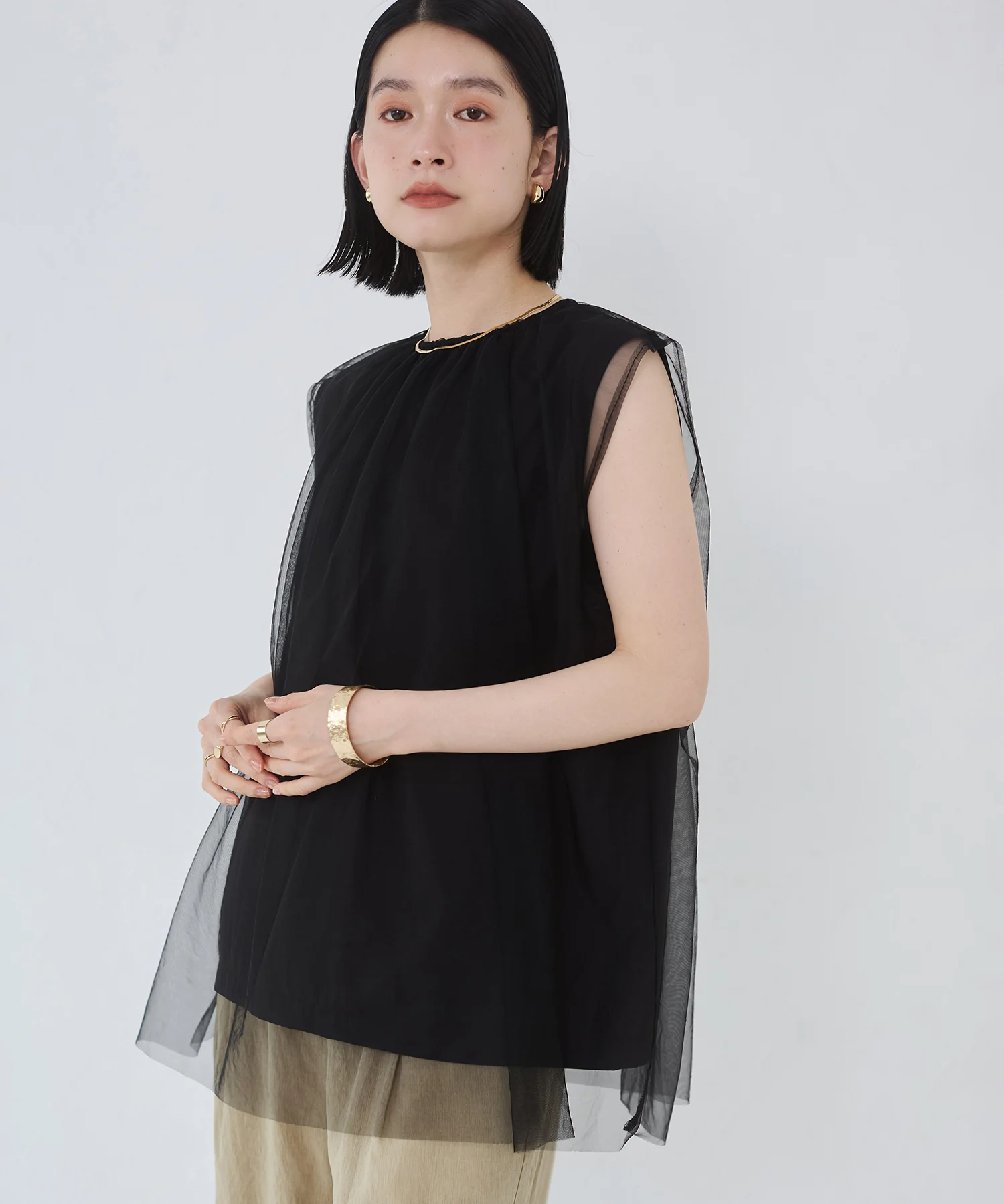 【接触冷感】チュールレイヤードトップス