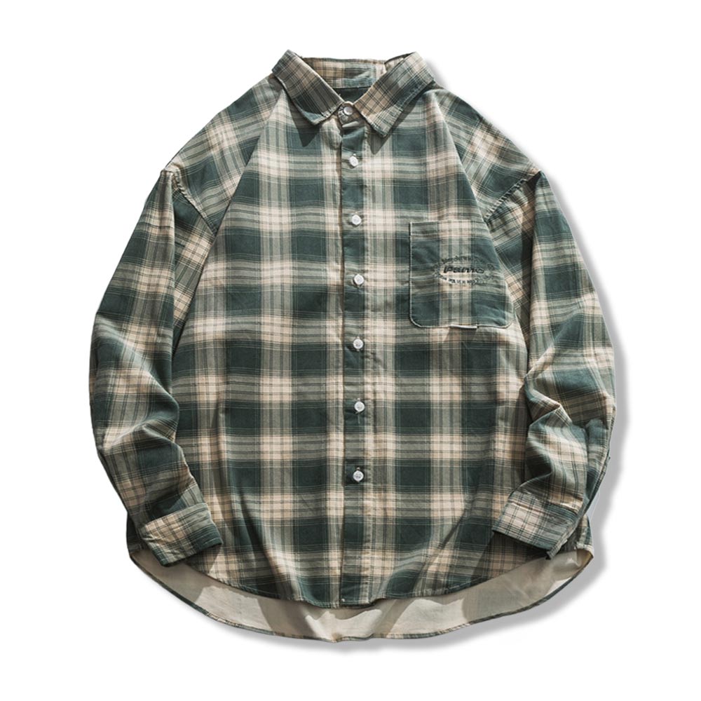 アメリカン無地チェック　 コーデュロイ刺繍シャツ