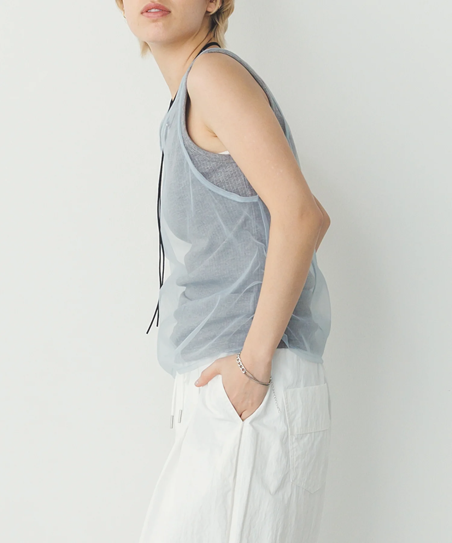 チュールレイヤード リブタンクトップ