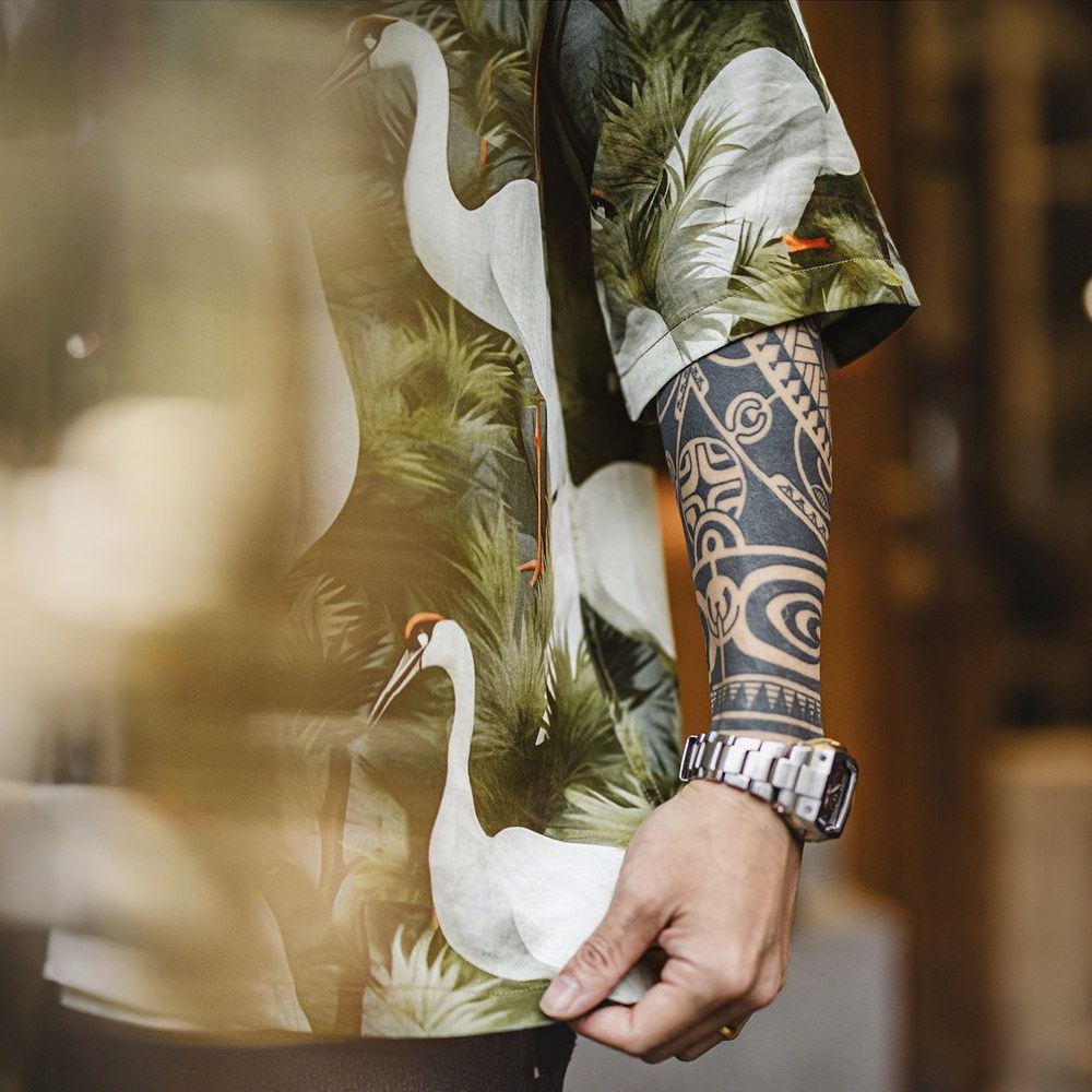 「松と鶴」プリント　シワ防止接触冷感開襟シャツ