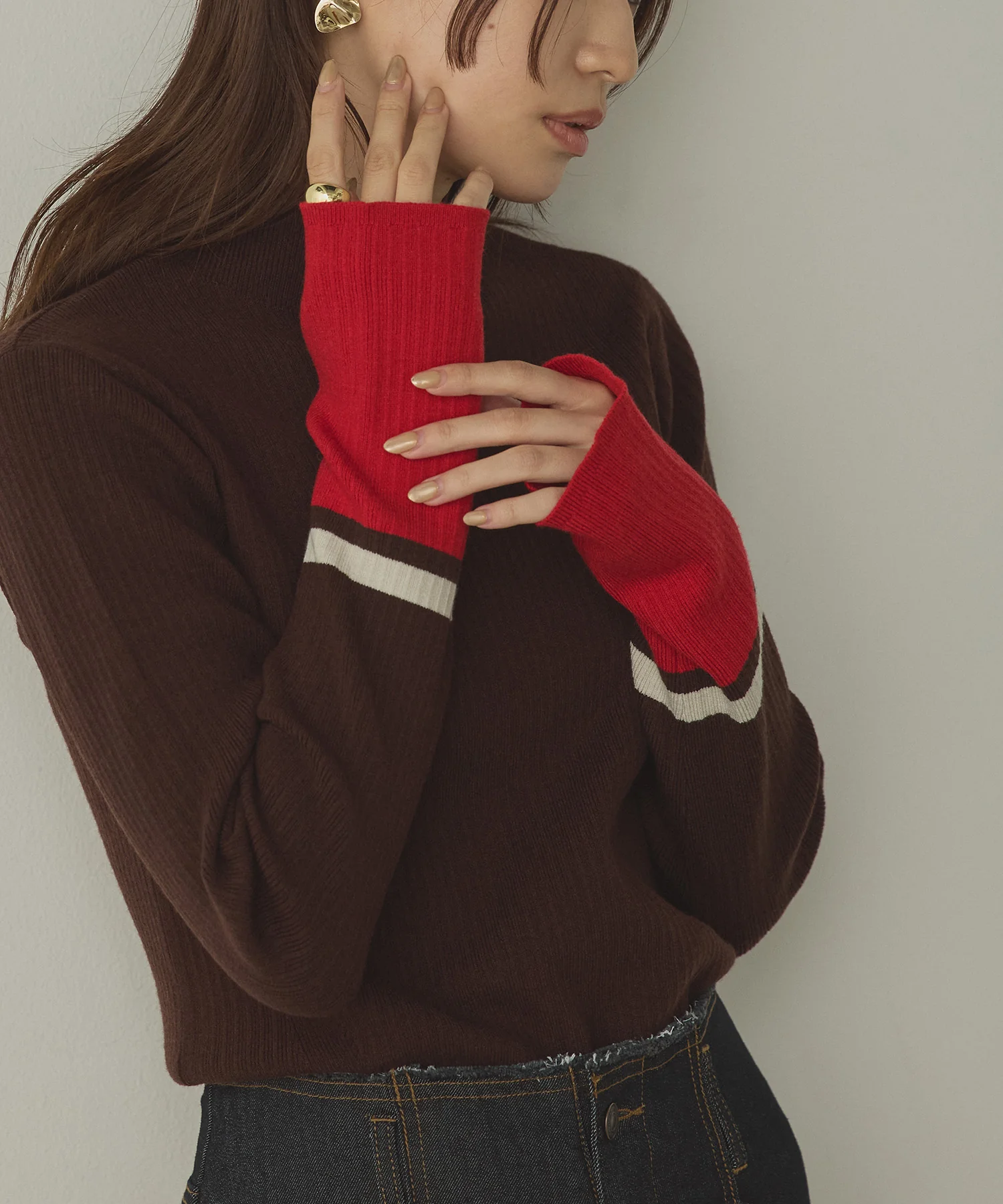 【静電気防止】やわもちヤーン 袖配色 ハイネックリブニット