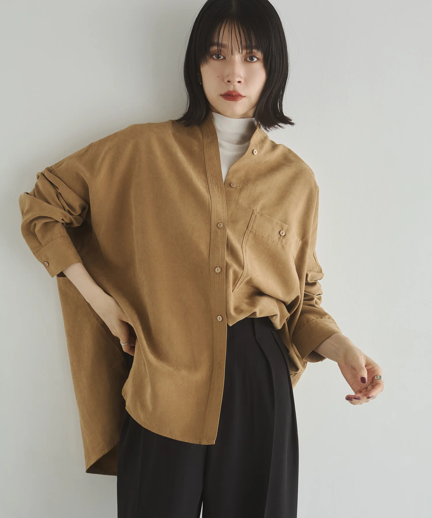 【WEB限定/別注】スウェードライク バンドカラーオーバーサイズシャツ