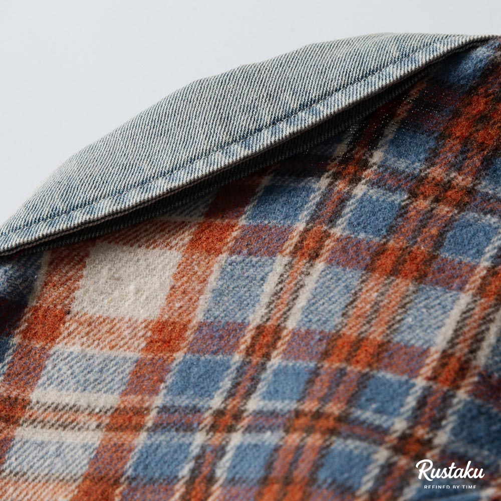 配色チェック切り替えデニム　長袖シャツジャケット