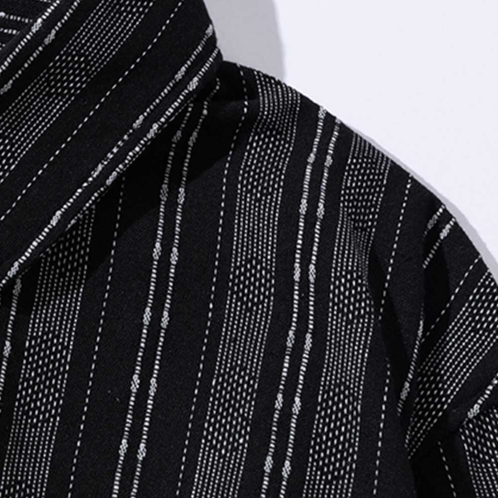 先染め配色ストライプ柄　和風コットンリネン長袖シャツ