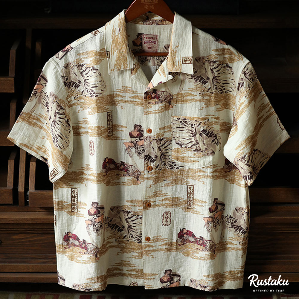 リネン混紡　浮世絵「侍の骸骨」総柄キューバシャツ