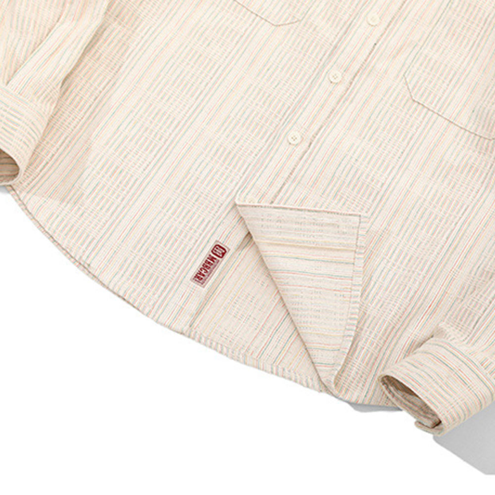 テクスチャーのある先染め　生成りコットン長袖シャツ