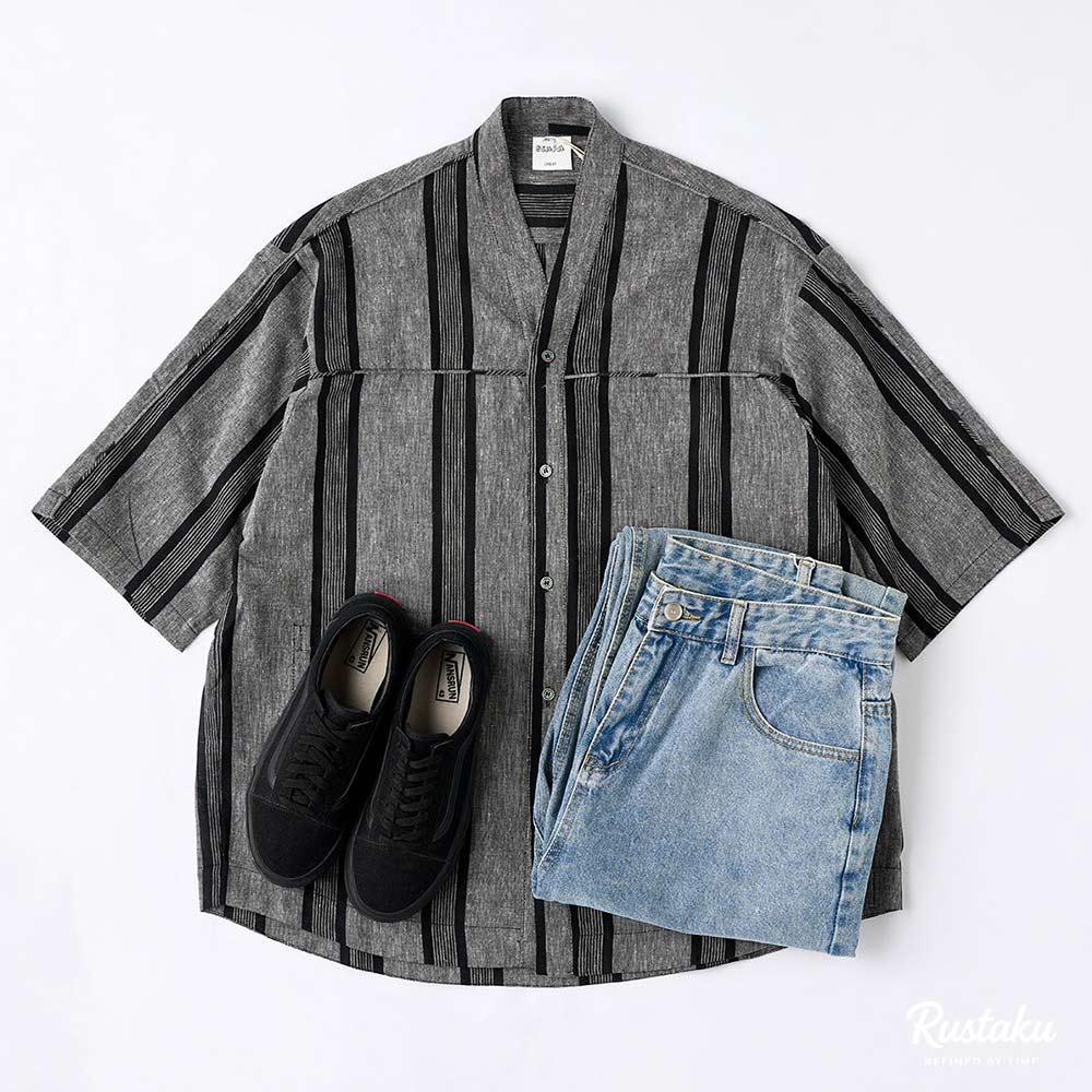 和風コットンリネンストライプシャツ