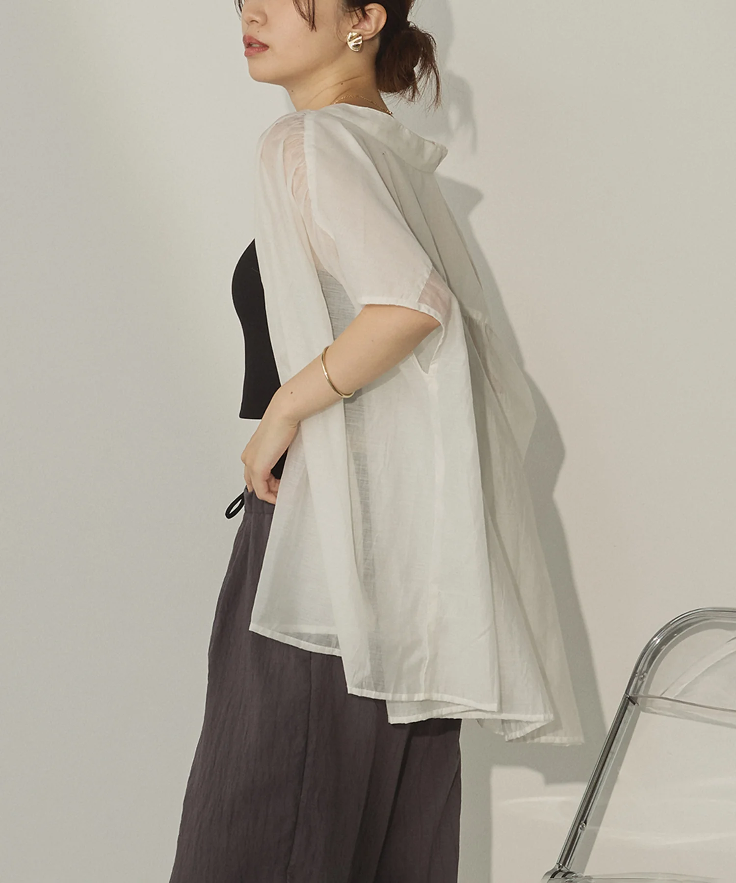 バンドカラー フレンチスリーブブラウス