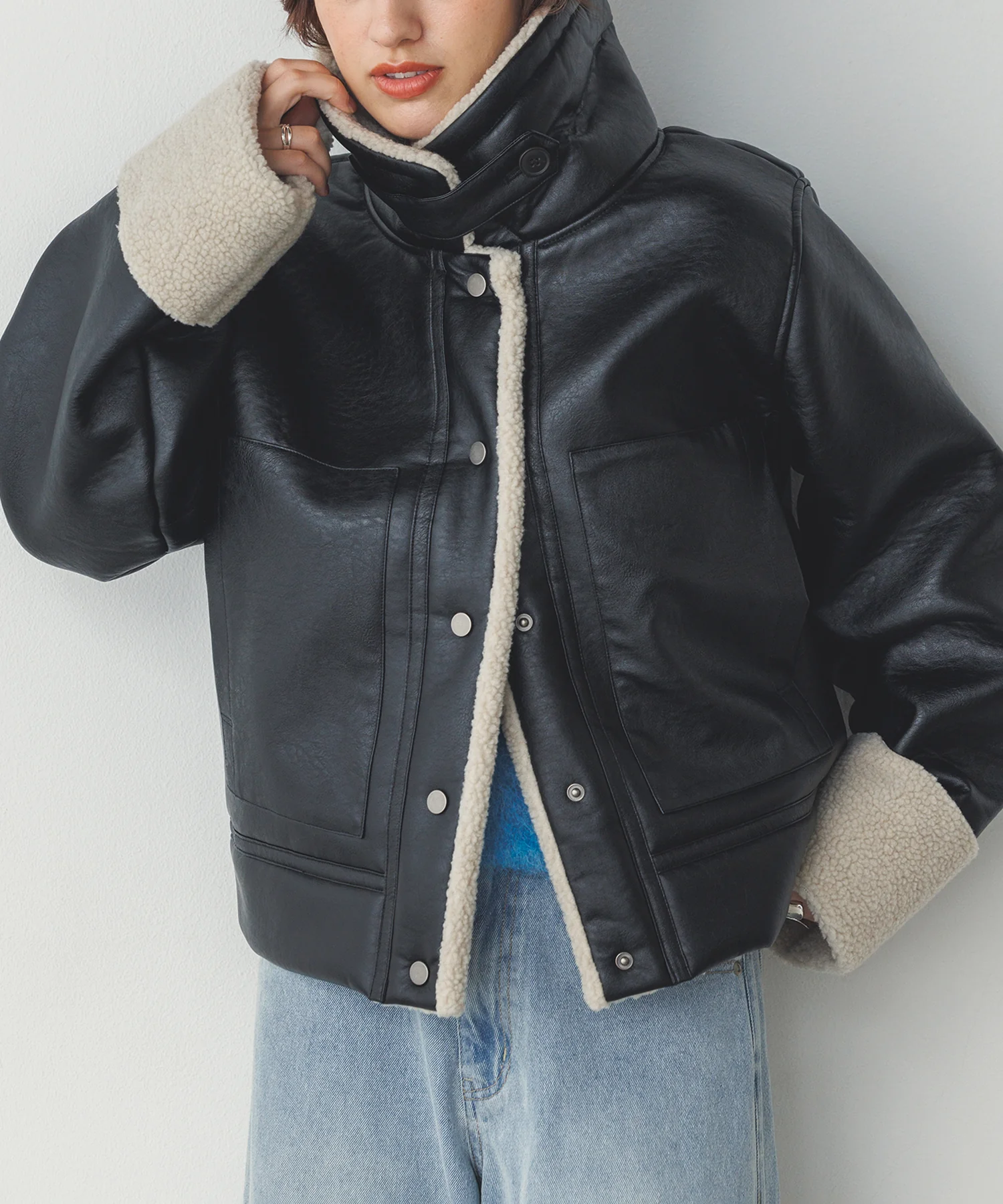 フェイクレザー×ボア ブルゾン