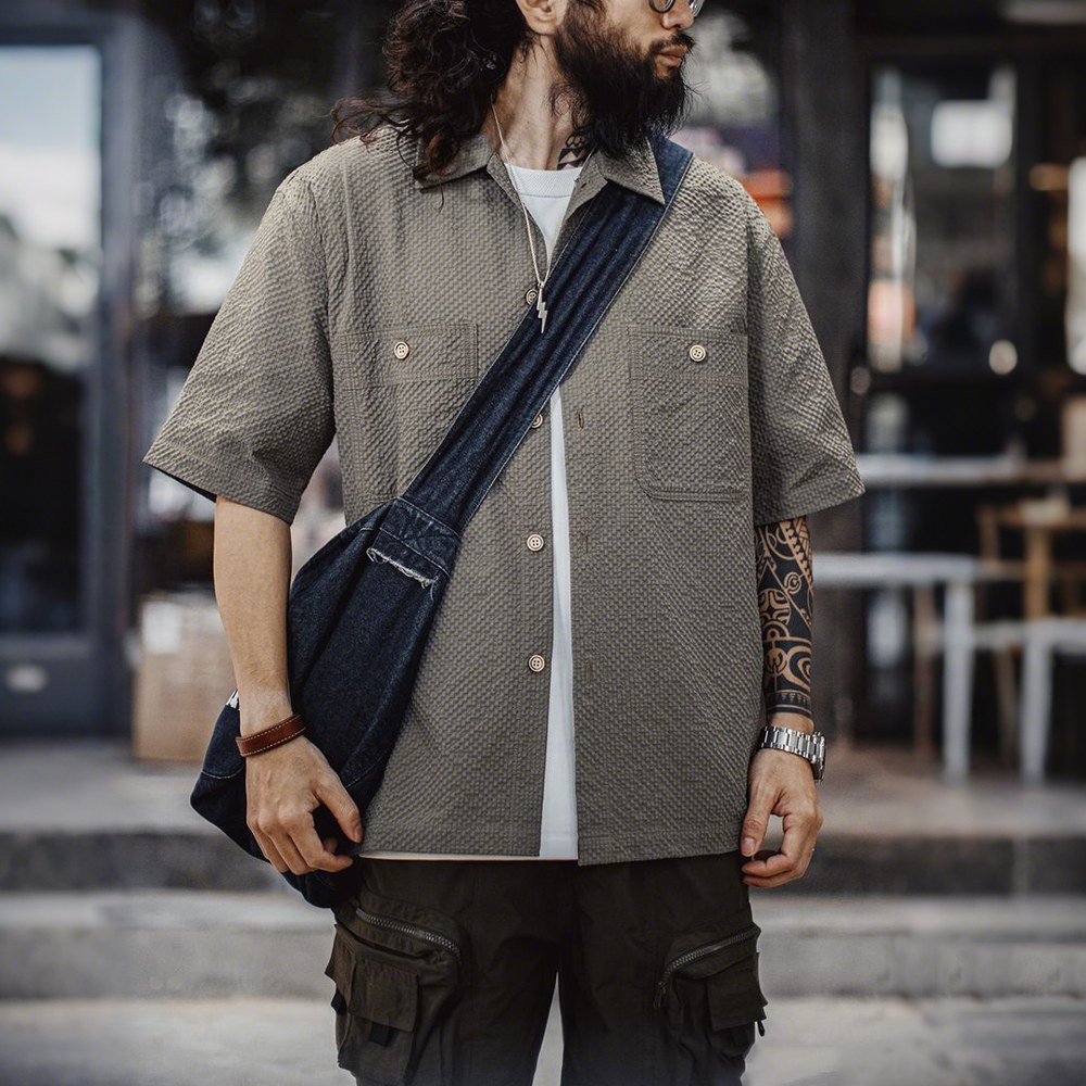 通気＆軽量シアサッカーミリタリー半袖シャツ