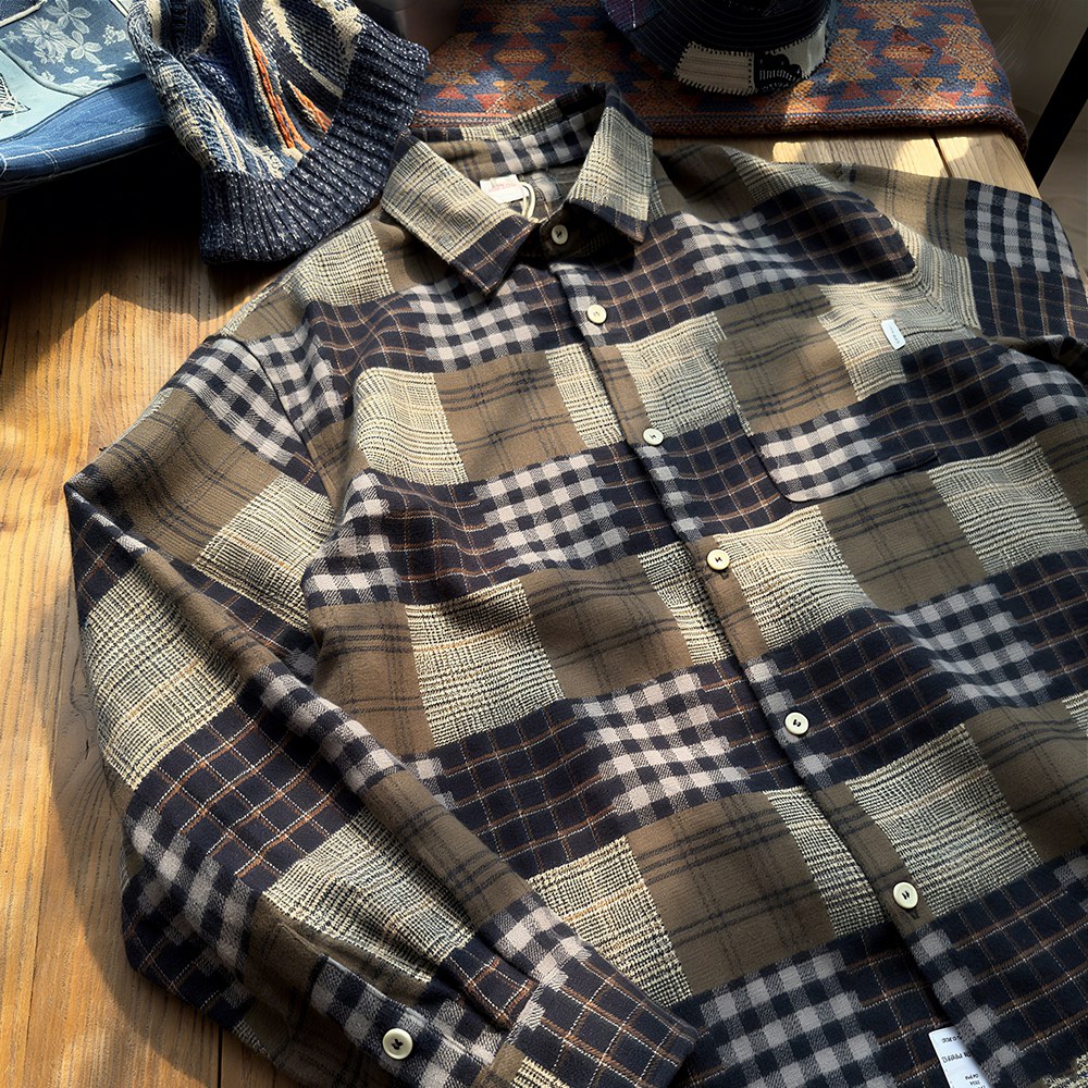 4種チェックパッチワーク風先染め長袖シャツ