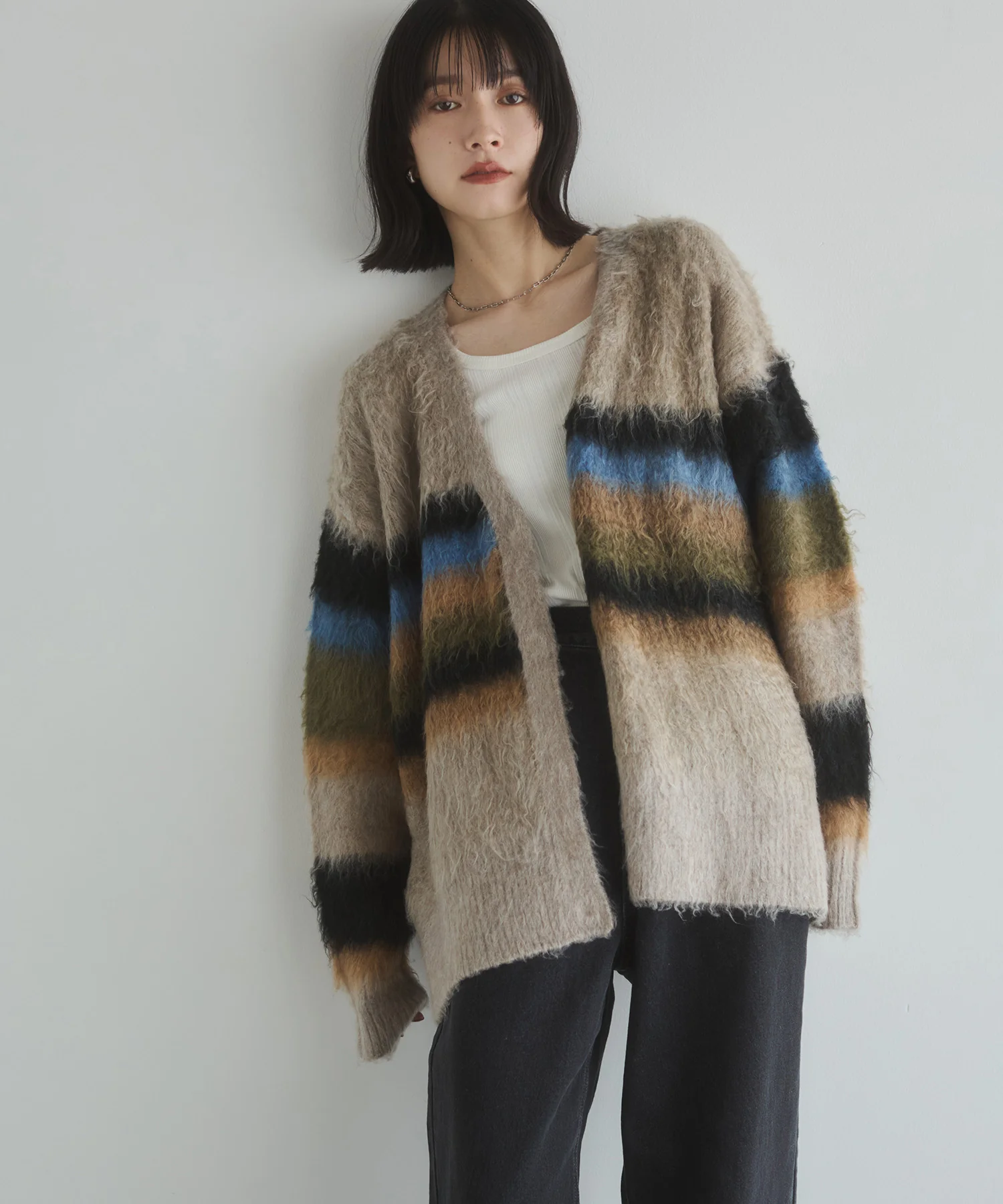 起毛シャギー ボーダーニットカーディガン