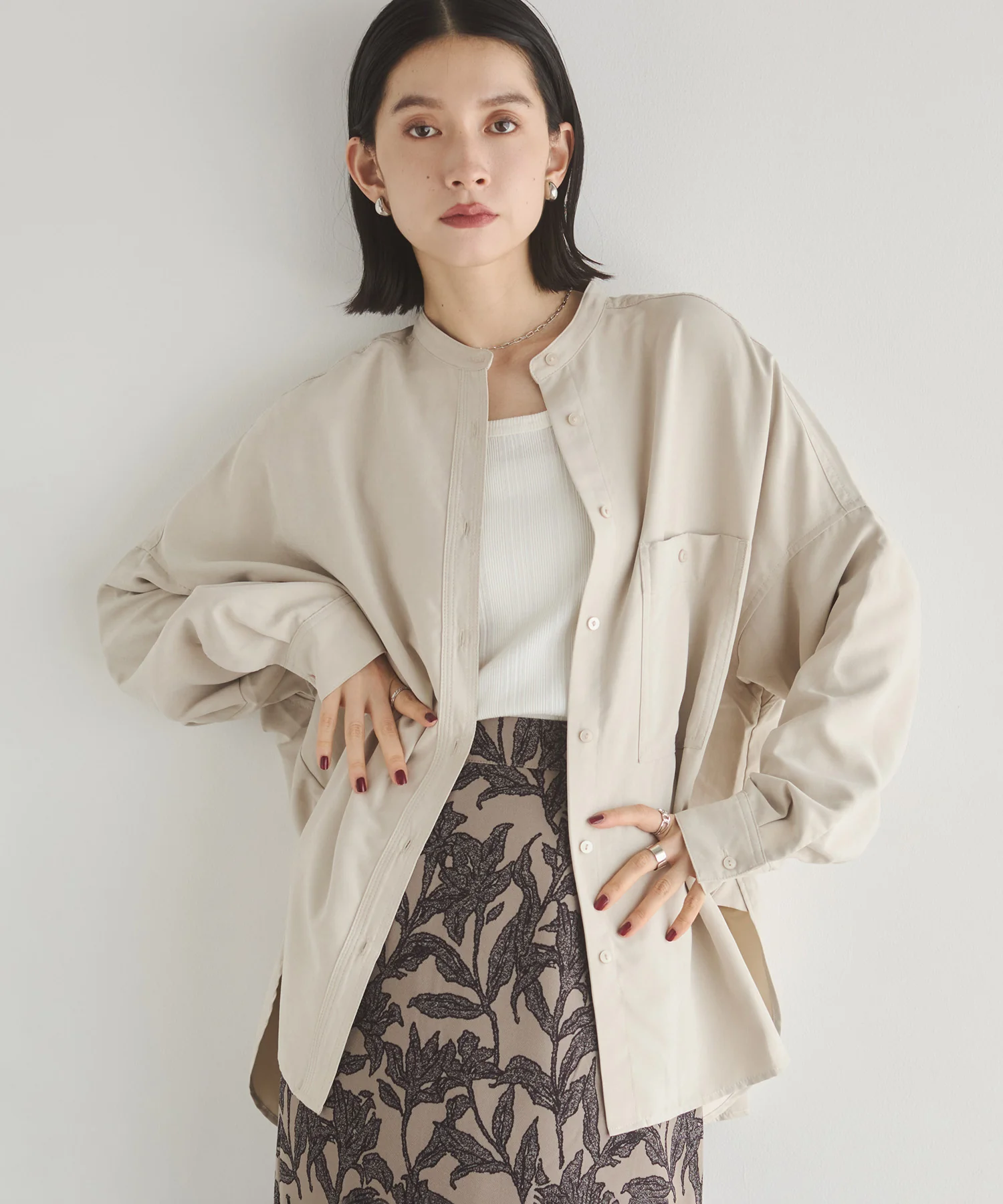 【WEB限定/別注】スウェードライク バンドカラーオーバーサイズシャツ