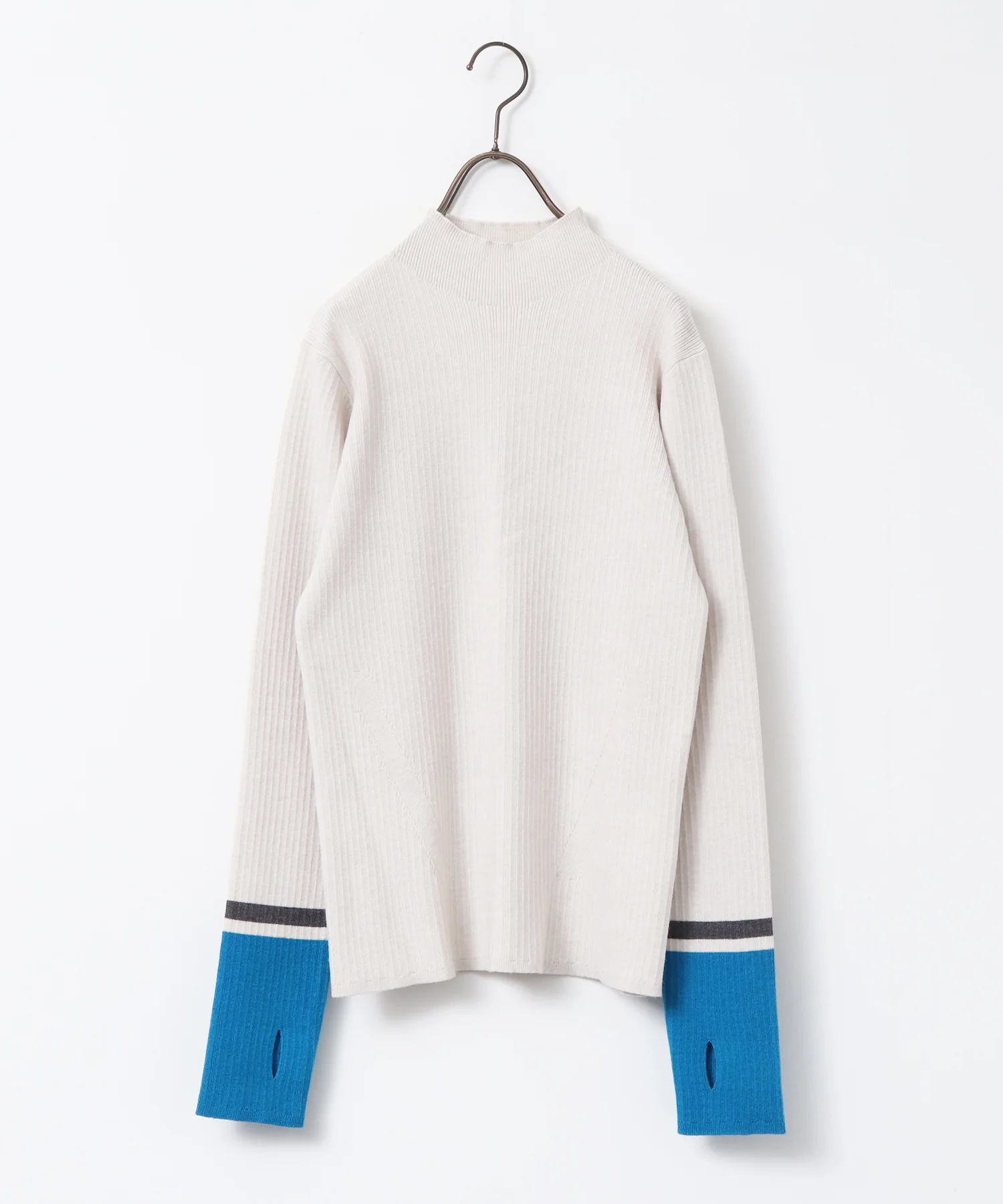 【静電気防止】やわもちヤーン 袖配色 ハイネックリブニット