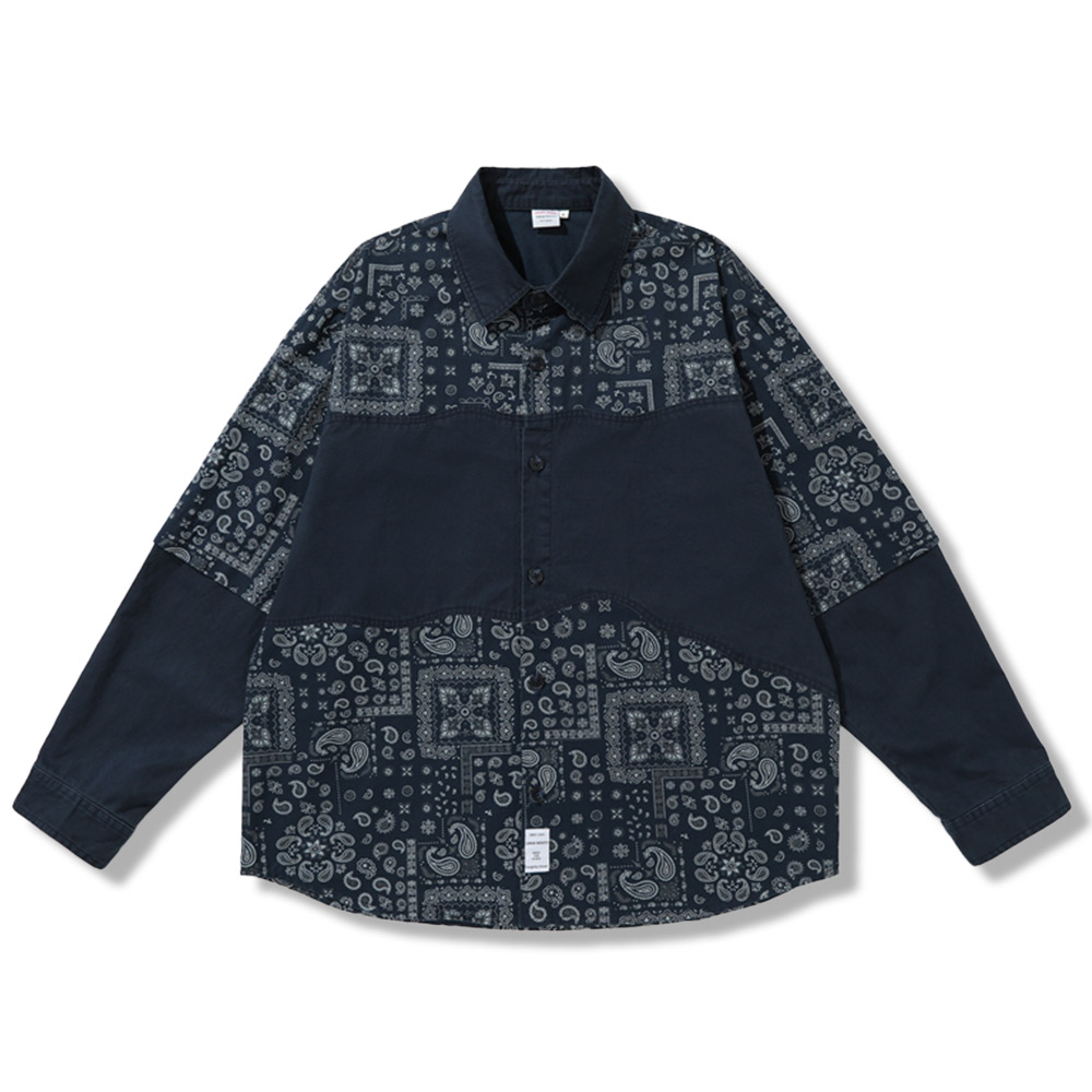 ペイズリー柄　切り替えワーク長袖シャツ