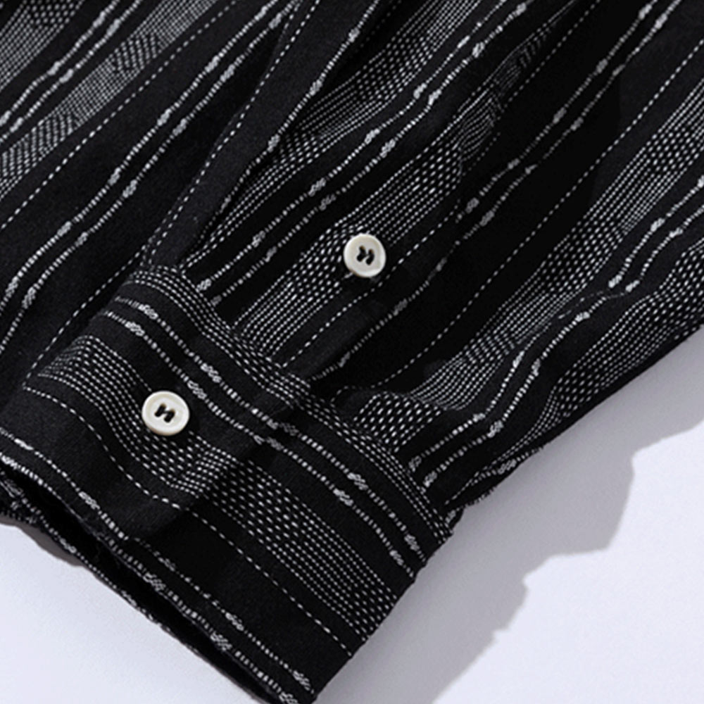 先染め配色ストライプ柄　和風コットンリネン長袖シャツ