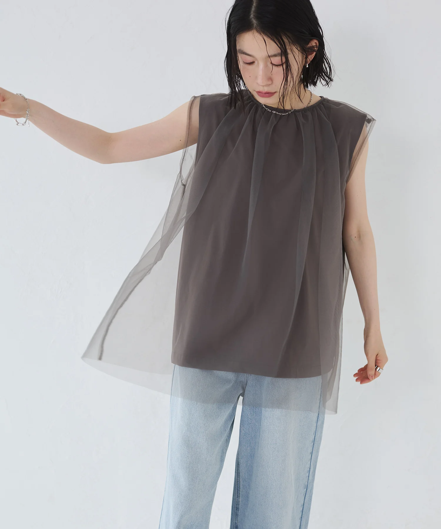 【接触冷感】チュールレイヤードトップス